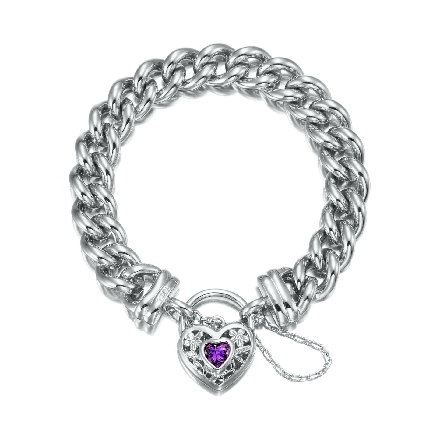 925 Sterling Silver Plated 12mm Euro Curb Chain Bracelet with a Purple Filigree Locket - USA Made - Brands N More