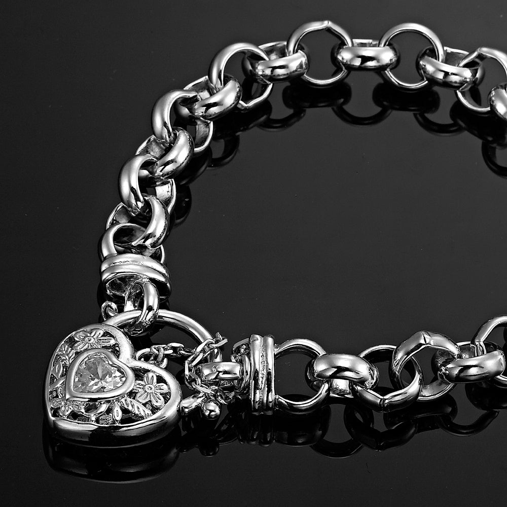 925 Sterling Silver Plated Belcher Chain Bracelet with a Filigree Locket Featuring a Simulated Diamond - USA Made - Brands N More