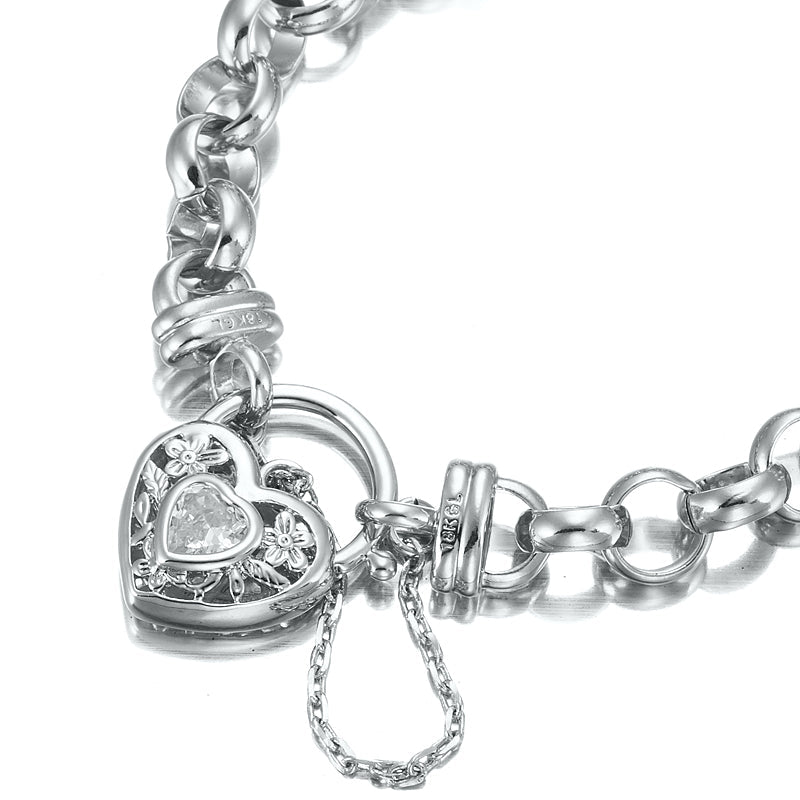 925 Sterling Silver Plated Belcher Chain Bracelet with a Filigree Locket Featuring a Simulated Diamond - USA Made - Brands N More