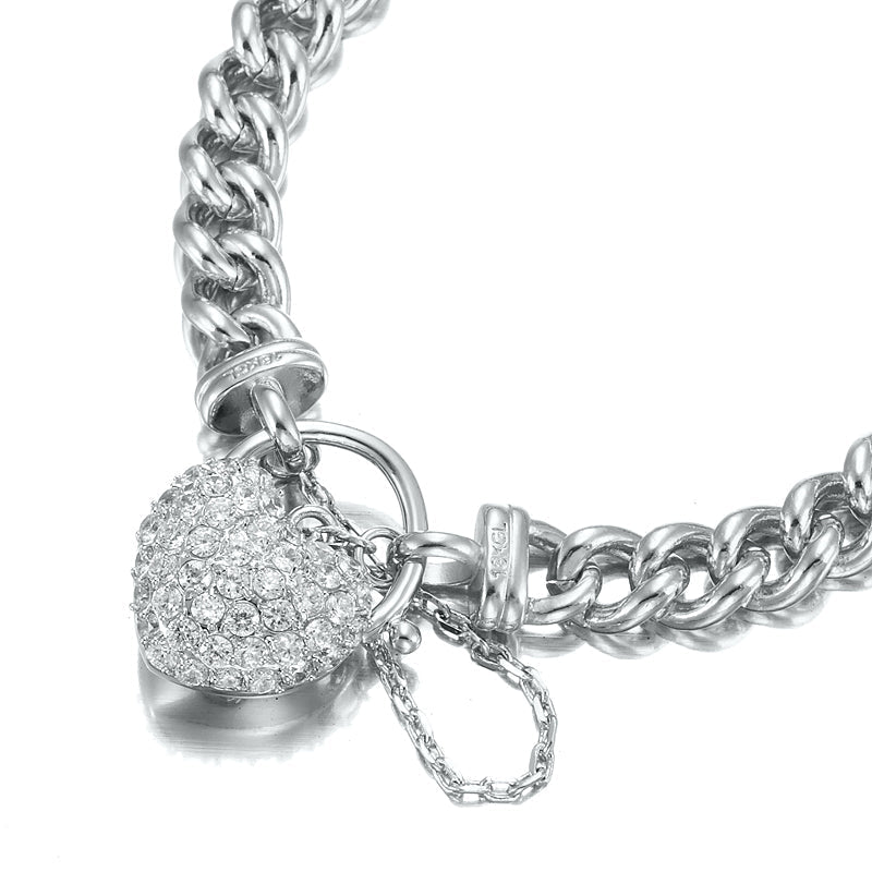 925 Sterling Silver Plated Euro Chain Bracelet Featuring a Simulated Diamond Locket - USA Made - Brands N More