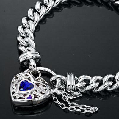 925 Sterling Silver Plated Euro Chain Bracelet with a Dark Blue Filigree Locket - USA Made - Brands N More