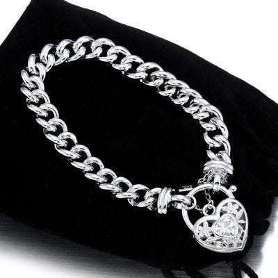 925 Sterling Silver Plated Euro Chain Bracelet with a Filigree Locket Featuring a Simulated Diamond - USA Made - Brands N More