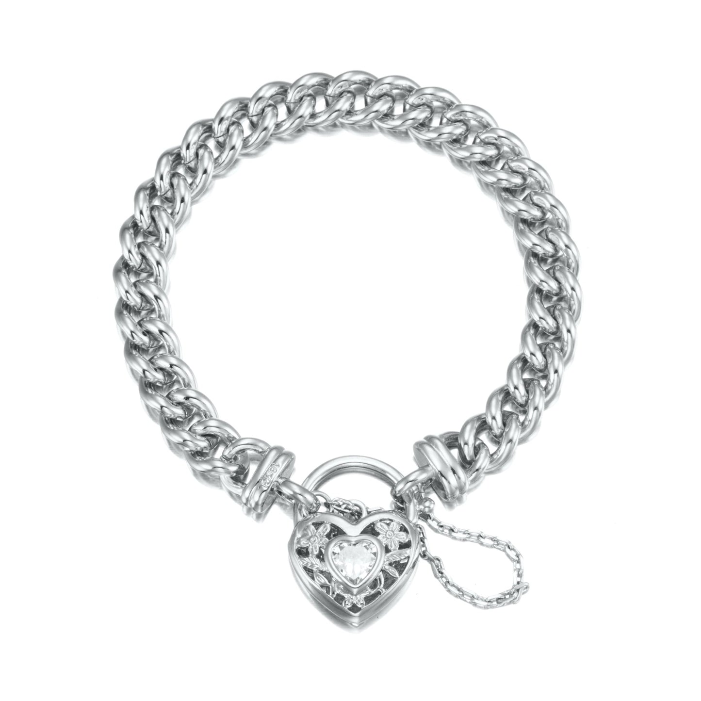 925 Sterling Silver Plated Euro Chain Bracelet with a Filigree Locket Featuring a Simulated Diamond - USA Made - Brands N More