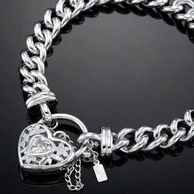 925 Sterling Silver Plated Euro Chain Bracelet with a Filigree Locket Featuring a Simulated Diamond - USA Made - Brands N More