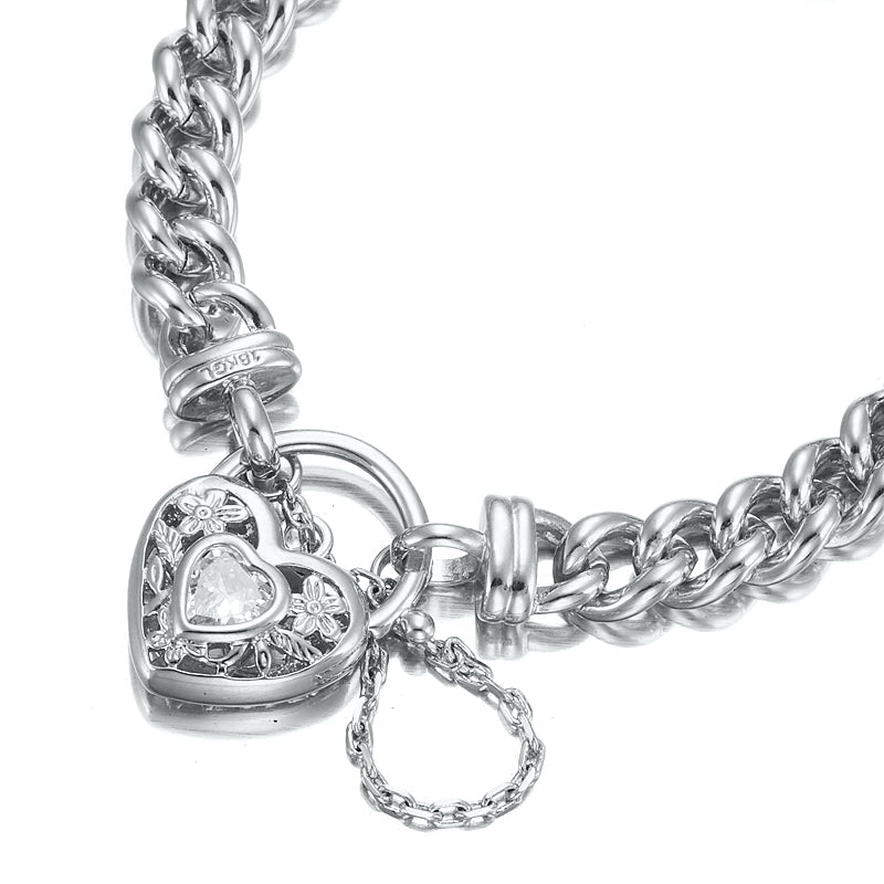 925 Sterling Silver Plated Euro Chain Bracelet with a Filigree Locket Featuring a Simulated Diamond - USA Made - Brands N More