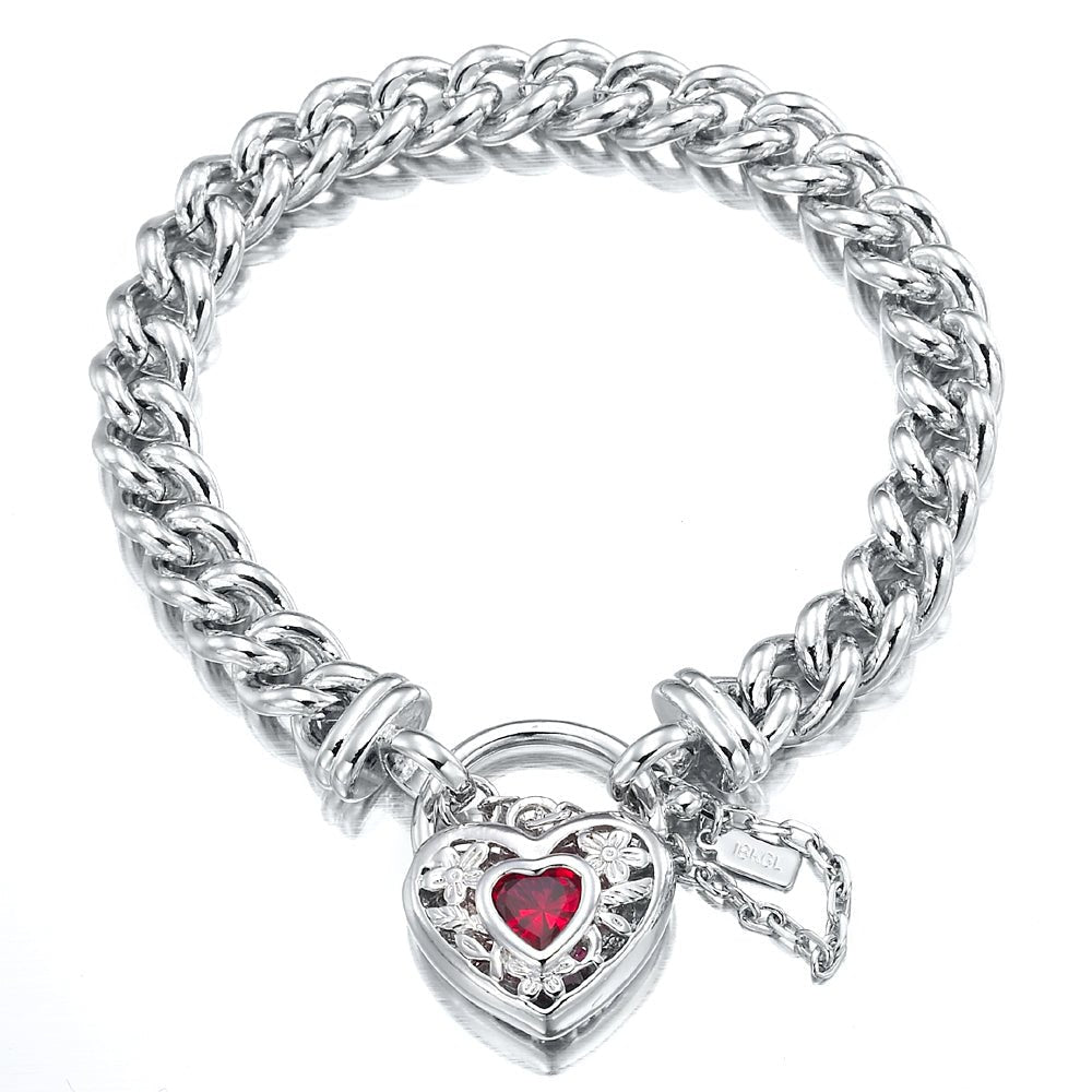 925 Sterling Silver Plated Euro Chain Bracelet with a Filigree Locket Featuring a Simulated Ruby - USA Made - Brands N More