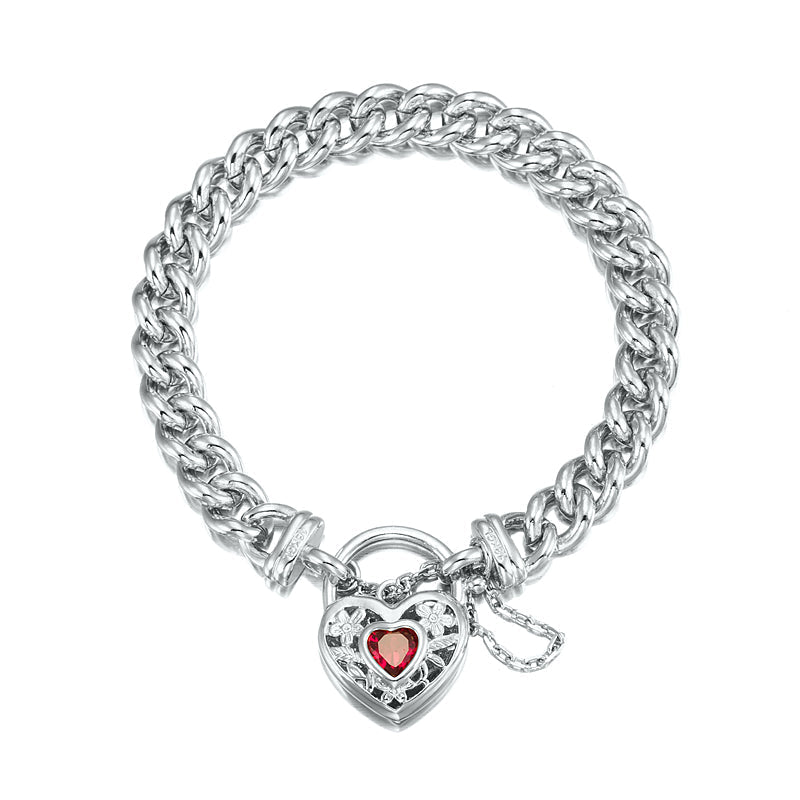 925 Sterling Silver Plated Euro Chain Bracelet with a Filigree Locket Featuring a Simulated Ruby - USA Made - Brands N More