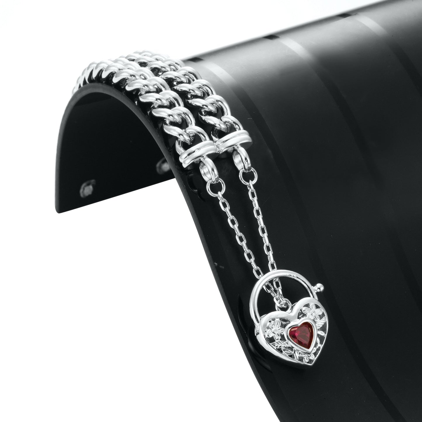 925 Sterling Silver Plated Euro Chain Bracelet with a Filigree Locket Featuring a Simulated Ruby - USA Made - Brands N More