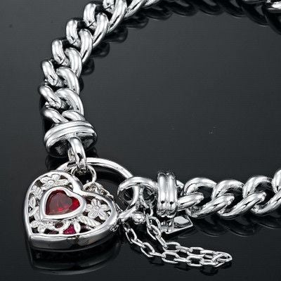 925 Sterling Silver Plated Euro Chain Bracelet with a Filigree Locket Featuring a Simulated Ruby - USA Made - Brands N More