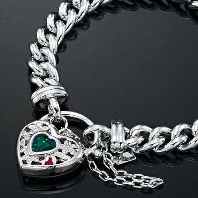 925 Sterling Silver Plated Euro Chain Bracelet with a Green Filigree Locket - USA Made - Brands N More