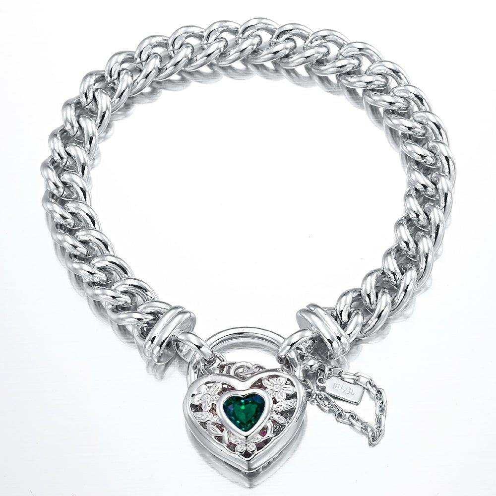 925 Sterling Silver Plated Euro Chain Bracelet with a Green Filigree Locket - USA Made - Brands N More
