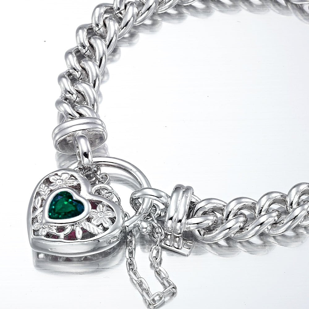 925 Sterling Silver Plated Euro Chain Bracelet with a Green Filigree Locket - USA Made - Brands N More