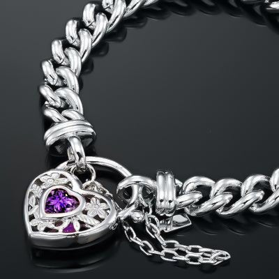 925 Sterling Silver Plated Euro Chain Bracelet with a Purple Filigree Locket - USA Made - Brands N More