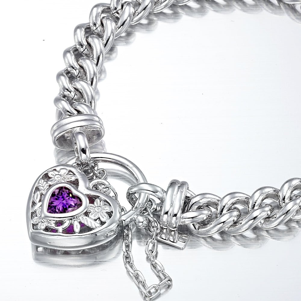 925 Sterling Silver Plated Euro Chain Bracelet with a Purple Filigree Locket - USA Made - Brands N More