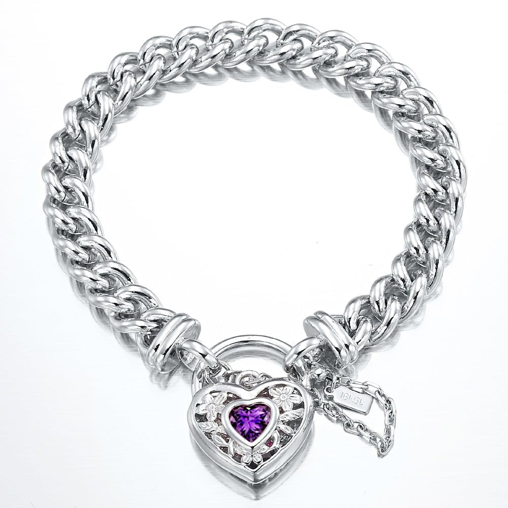 925 Sterling Silver Plated Euro Chain Bracelet with a Purple Filigree Locket - USA Made - Brands N More
