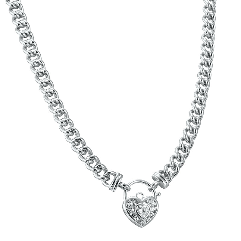 925 Sterling Silver Plated Euro Chain Necklace with a Filigree Locket Featuring a Simulated Diamond - USA Made - Brands N More