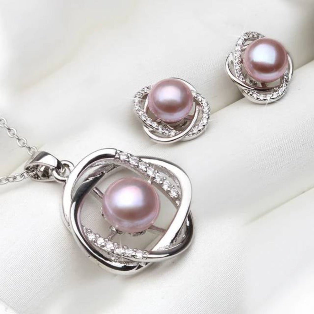 Genuine Freshwater Pearl & Simulated Diamond Earring & Necklace Set - Brands N More