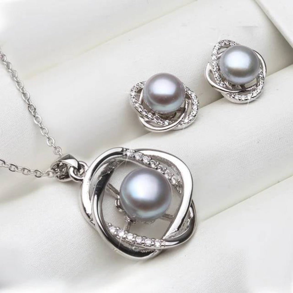 Genuine Freshwater Pearl & Simulated Diamond Earring & Necklace Set - Brands N More
