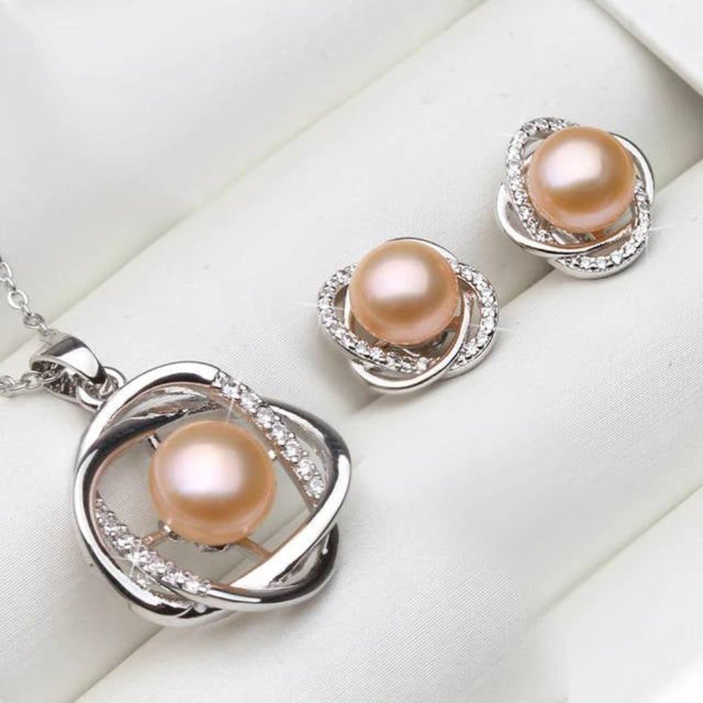 Genuine Freshwater Pearl & Simulated Diamond Earring & Necklace Set - Brands N More