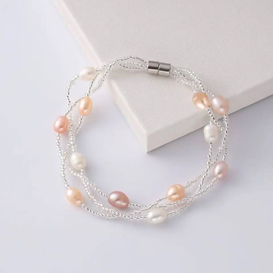 Genuine Pink, Purple & White Freshwater Pearl Multilayer Mini Bead Bracelet - Brands N More