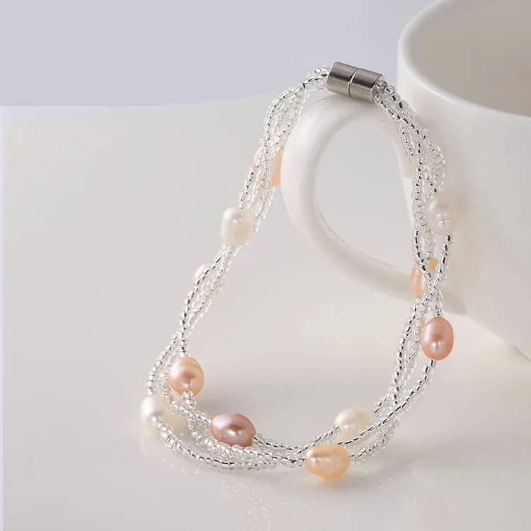 Genuine Pink, Purple & White Freshwater Pearl Multilayer Mini Bead Bracelet - Brands N More