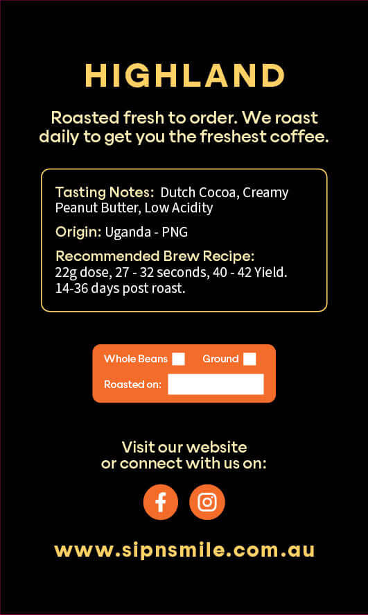 Highland coffee brand advertisement with roast details and branding elements.