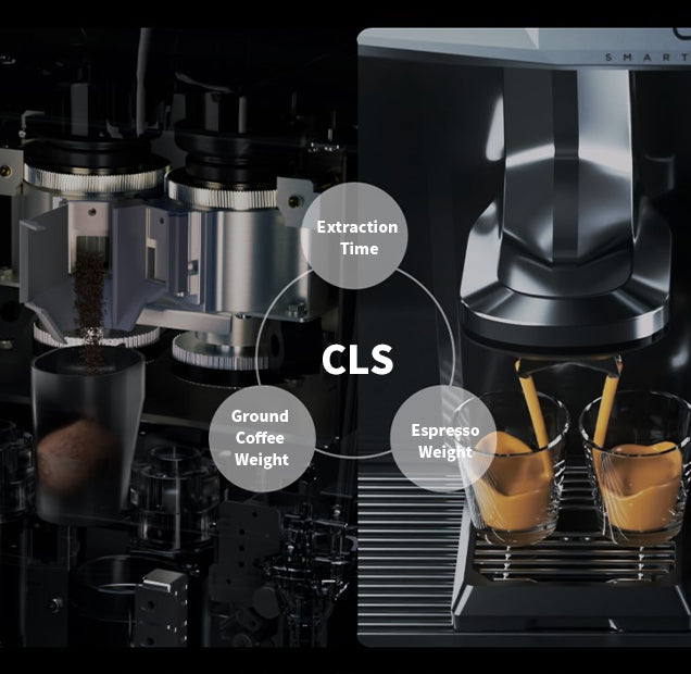 CAYE-SMART-X-Coffee machine with components labeled for extraction time, ground coffee weight, and espresso weight.