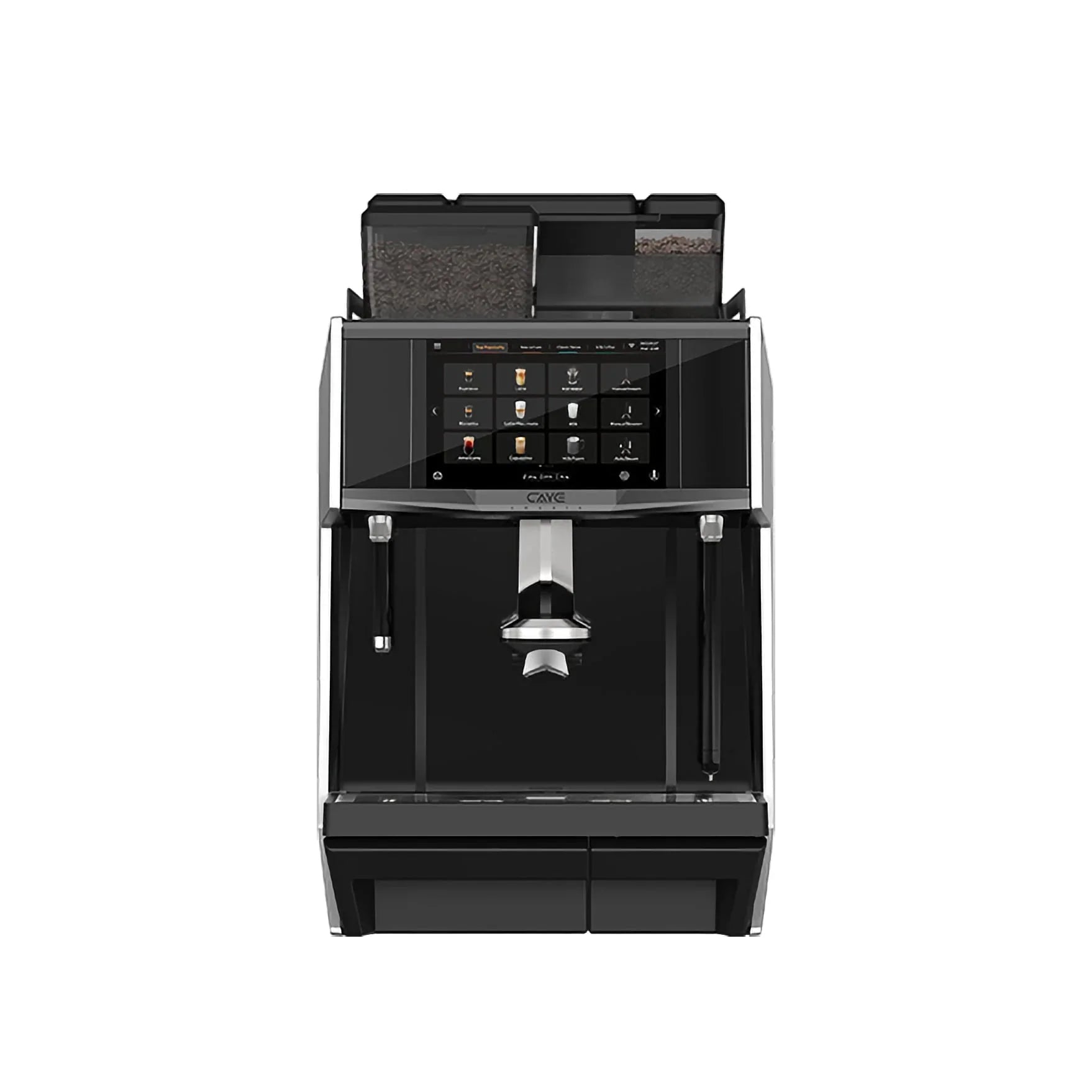 Caye Smart X Black coffee machine with digital display on a white background