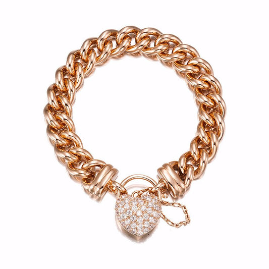 18ct Heavy Rose Gold Plated 12mm Euro Curb Chain Bracelet Featuring a Simulated Diamond Locket - USA Made - Brands N More