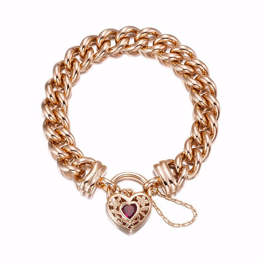 18ct Heavy Rose Gold Plated 12mm Euro Curb Chain Bracelet with a Filigree Locket Featuring a Simulated Ruby - USA Made - Brands N More