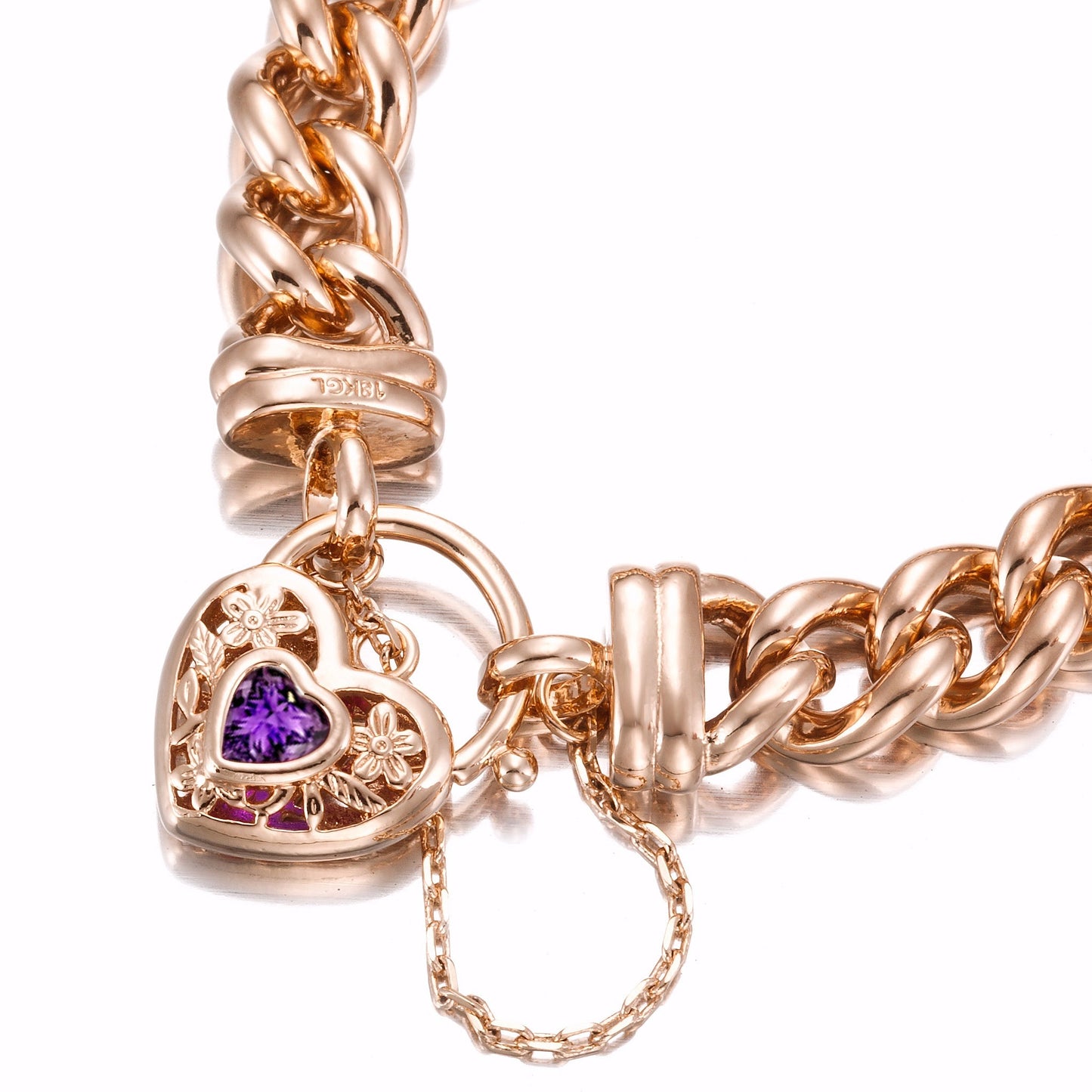 18ct Heavy Rose Gold Plated 12mm Euro Curb Chain Bracelet with a Purple Filigree Locket - USA Made - Brands N More