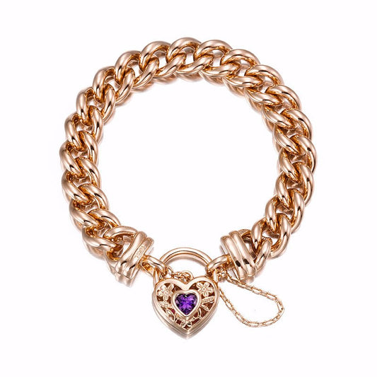 18ct Heavy Rose Gold Plated 12mm Euro Curb Chain Bracelet with a Purple Filigree Locket - USA Made - Brands N More