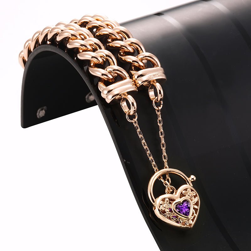 18ct Heavy Rose Gold Plated 12mm Euro Curb Chain Bracelet with a Purple Filigree Locket - USA Made - Brands N More