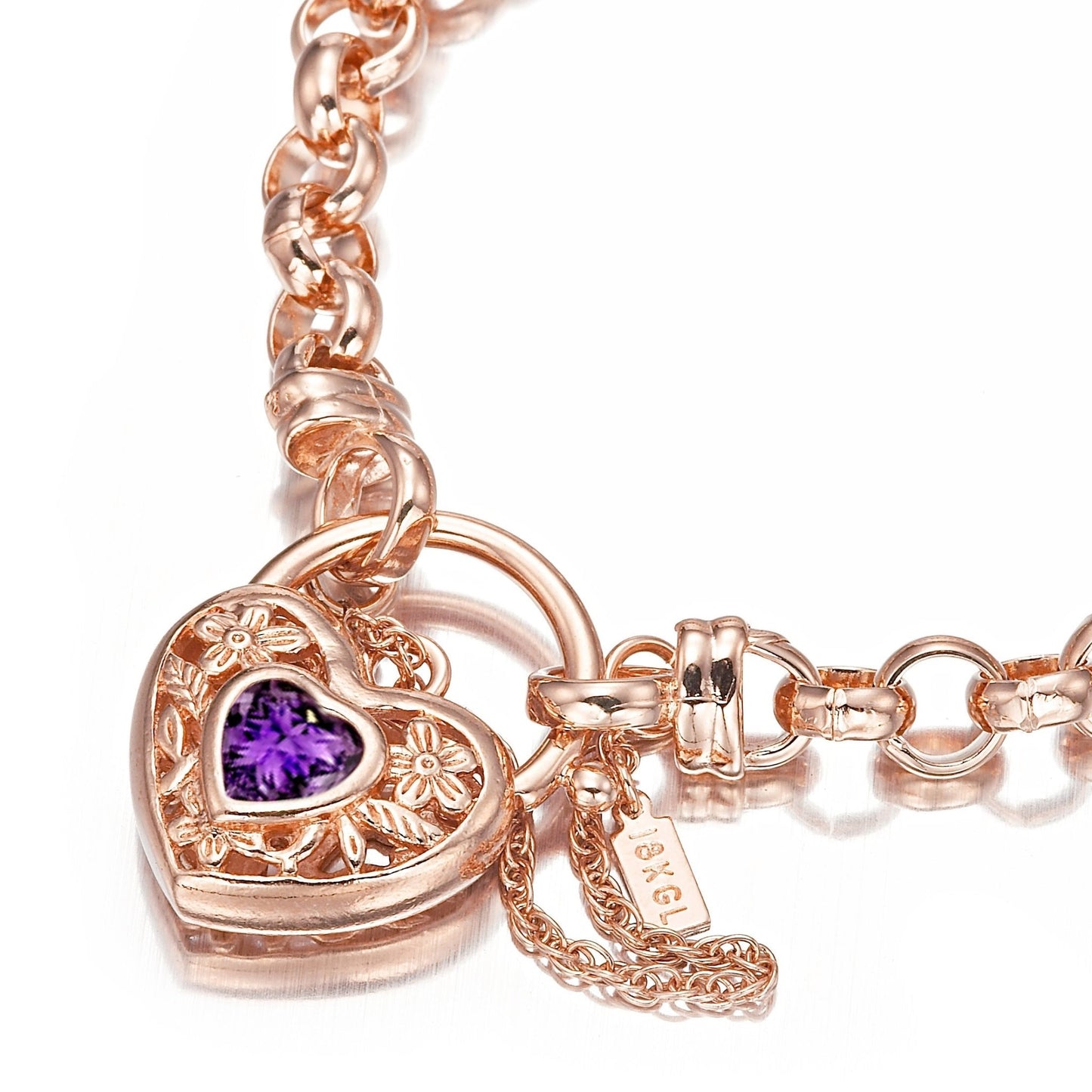 18ct Heavy Rose Gold Plated 6mm Belcher Chain Bracelet with a Purple Filigree Locket - USA Made - Brands N More