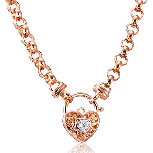 18ct Heavy Rose Gold Plated 6mm Belcher Chain Necklace with a Filigree Locket Featuring a Simulated Diamond - USA Made - Brands N More