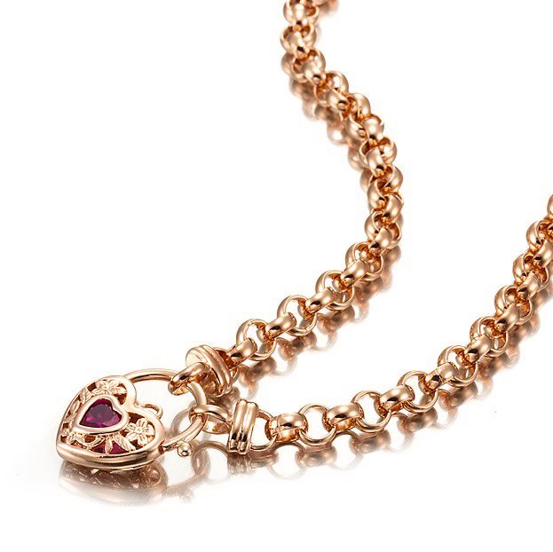 18ct Heavy Rose Gold Plated 6mm Belcher Chain Necklace with a Filigree Locket Featuring a Simulated Ruby - USA Made - Brands N More