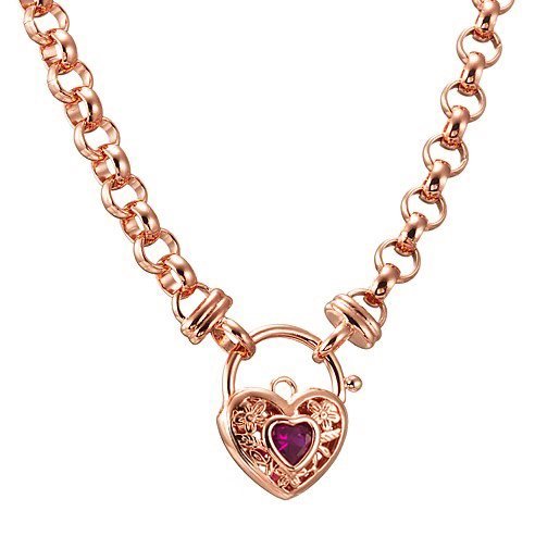 18ct Heavy Rose Gold Plated 6mm Belcher Chain Necklace with a Filigree Locket Featuring a Simulated Ruby - USA Made - Brands N More