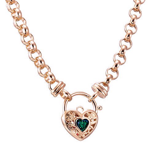 18ct Heavy Rose Gold Plated 6mm Belcher Chain Necklace with a Green Filigree Locket - USA Made - Brands N More