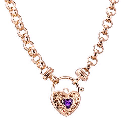 18ct Heavy Rose Gold Plated 6mm Belcher Chain Necklace with a Purple Filigree Locket - USA Made - Brands N More