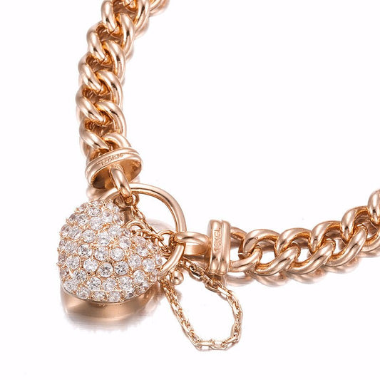 18ct Heavy Rose Gold Plated Euro Chain Bracelet Featuring a Simulated Diamond Locket - USA Made - Brands N More