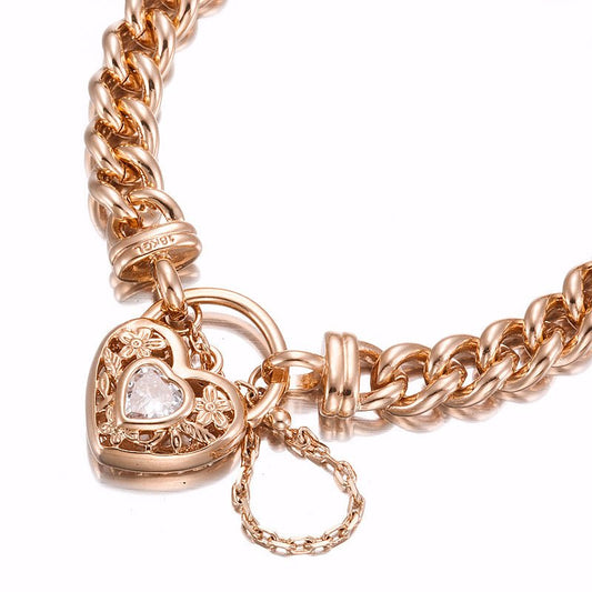 18ct Heavy Rose Gold Plated Euro Chain Bracelet with a Filigree Locket Featuring a Simulated Diamond - USA Made - Brands N More