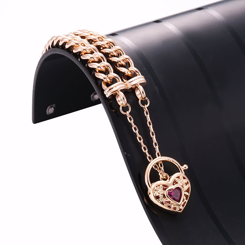 18ct Heavy Rose Gold Plated Euro Chain Bracelet with a Filigree Locket Featuring a Simulated Ruby - USA Made - Brands N More