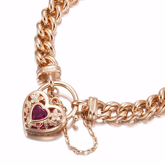 18ct Heavy Rose Gold Plated Euro Chain Bracelet with a Filigree Locket Featuring a Simulated Ruby - USA Made - Brands N More