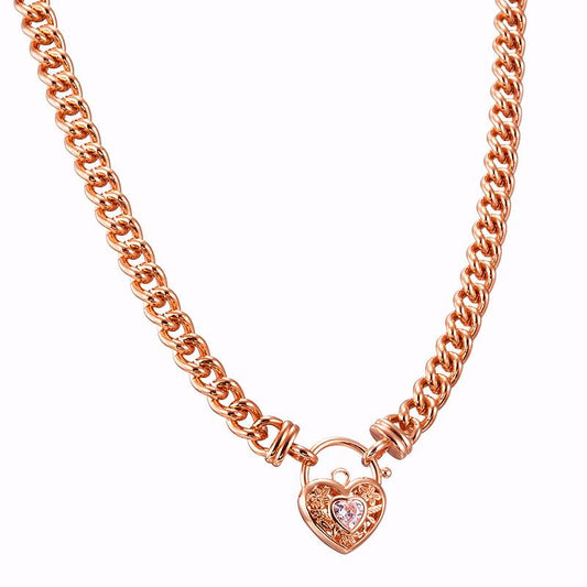 18ct Heavy Rose Gold Plated Euro Chain Necklace with a Filigree Locket Featuring a Simulated Diamond - USA Made - Brands N More