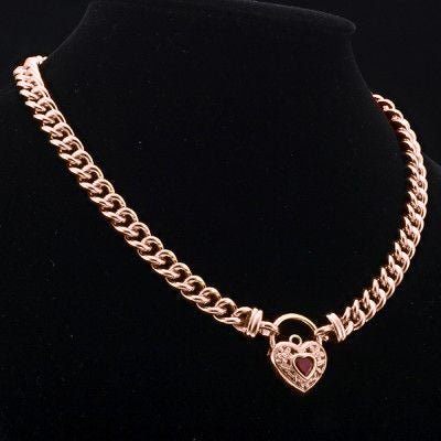 18ct Heavy Rose Gold Plated Euro Chain Necklace with a Filigree Locket Featuring a Simulated Ruby - USA Made - Brands N More