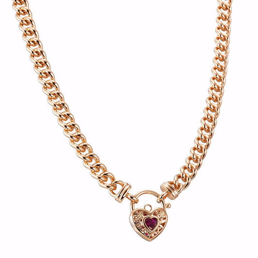 18ct Heavy Rose Gold Plated Euro Chain Necklace with a Filigree Locket Featuring a Simulated Ruby - USA Made - Brands N More