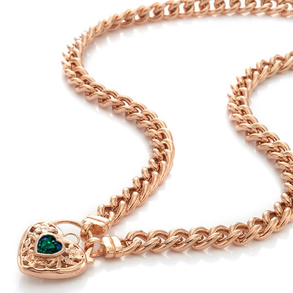 18ct Heavy Rose Gold Plated Euro Chain Necklace with a Green Filigree Locket - USA Made - Brands N More