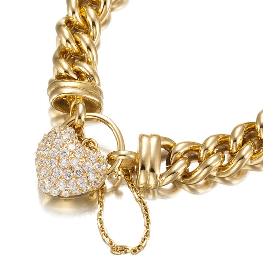 18ct Heavy Yellow Gold Plated 12mm Euro Curb Chain Bracelet Featuring a Simulated Diamond Locket - USA Made - Brands N More