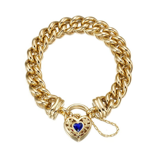 18ct Heavy Yellow Gold Plated 12mm Euro Curb Chain Bracelet with a Dark Blue Filigree Locket - USA Made - Brands N More