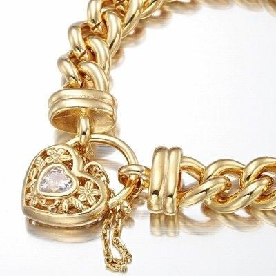 18ct Heavy Yellow Gold Plated 12mm Euro Curb Chain Bracelet with a Filigree Locket Featuring a Simulated Diamond - USA Made - Brands N More